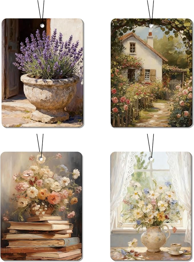 Vintage Cottagecore Floral Air Freshener 4Pcs, Artistic Lavender & Flower Scene Air Freshener for Car Interior, Closet, Drawer, Books, Car Mirror Decor Hanging, Gift for Women