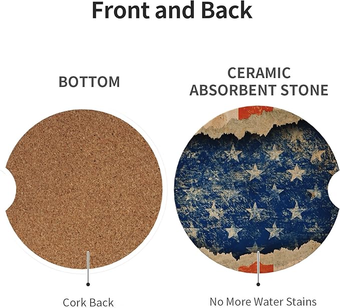 Absorbent Car Coasters for Cup Holders, 2 Pack Universal Anti Slip Ceramic Cup Coaster for Women Men 2.56 Inch Car Interior Accessories - Vintage Stars and Stripes 010