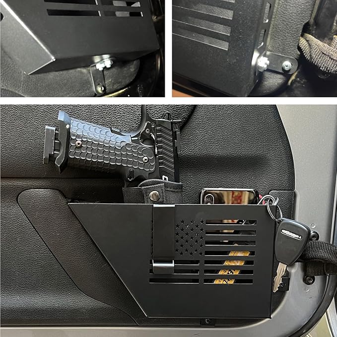 1 Pair Metal Front Door Storage Pockets for 2007-2018 Jeep Wrangler JK JKU - Black Organizer with Tool-Free Install, Anti-Rust Coating & Accessory Mount (US Flag)