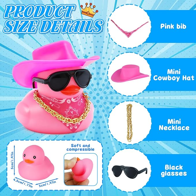 BOZILY Pink Cowboy Rubber Duck with Sunglasses, Gold Chain & Scarf - Funny Car Dashboard Decorations, Cute Duck Stress Relief for Car, Home, Office