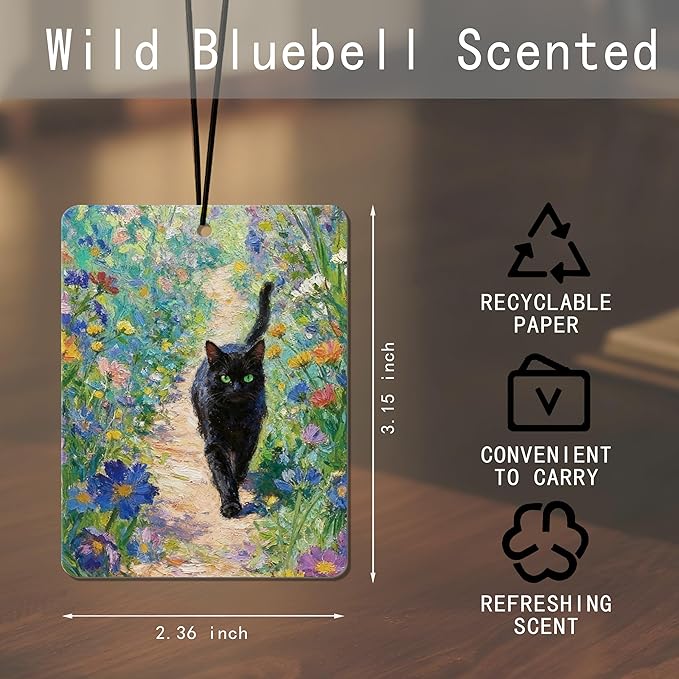 Vintage Black Cat Floral Air Freshener 4Pcs, Artistic Cat & Flower Field Air Freshener for Car Interior, Closet, Drawer, Books,Car Mirror Decor Hanging, Gift for Cat Lovers