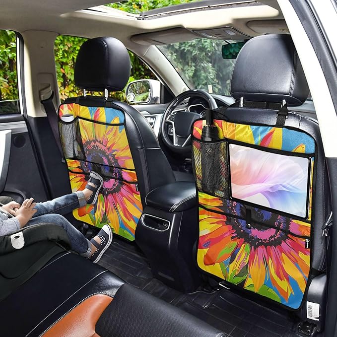 Pop Art Sunflower 2 Pack Backseat Car Organizer with Storage Pockets Seat Back Organizers for Kids Kick Mats Backseat Protector Automotive