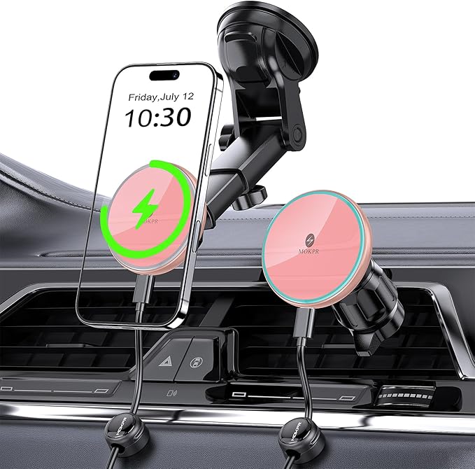 MOKPR for Mag-Safe Car Mount Charger, Magnetic Phone Holder for Your Car Charger Dash Windshield Vent Magnetic Wireless Car Charger Mount for iPhone 17 16 15 14 13 12 Pink