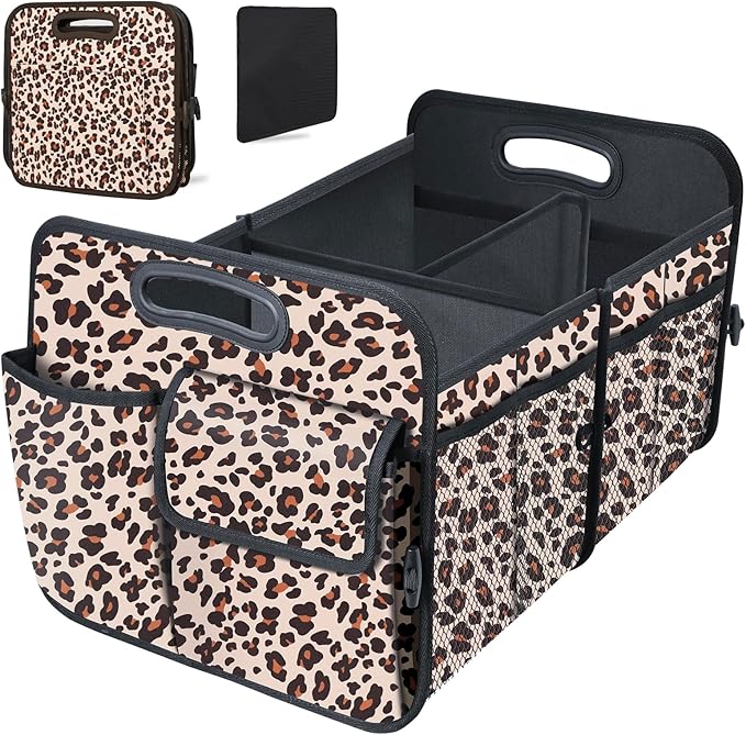 Trunk Organizer, Collapsible Trunk Organizers and Storage, Car Accessories for Women and Men, Multi-Compartment Trunk Storage Organizer for SUV, Car, Mini-Van, Leopard Print