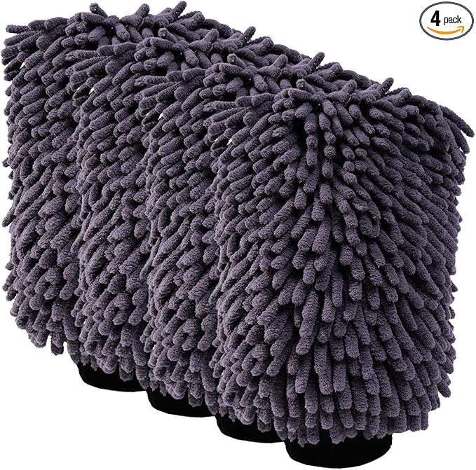 4Pack Scratch-Free Car Wash Mitt with Elastic Wrist Cuff & Waterproof Lining, High-Density Microfiber Mitt for Car Detailing, Protects Hands & Paint,Household Cleaning Glove Set(Grey)