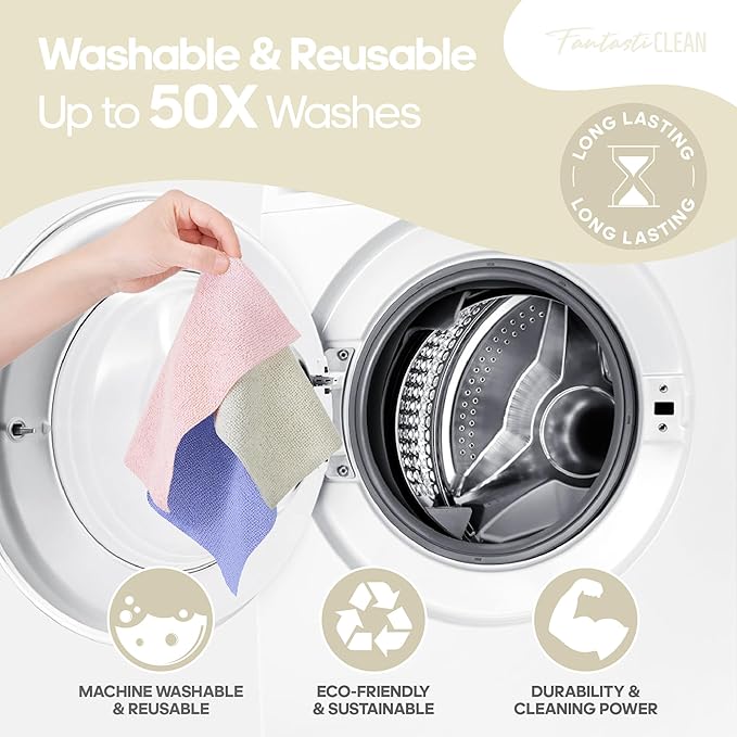Fantasticlean Microfiber Cleaning Cloth Roll -60 Pack, Tear Away Paperless Towels, 8" x 8", Reusable Washable Rags, for House Kitchen, Pet, Office, Indoor Outdoor, Compact and Portable (Off-White)