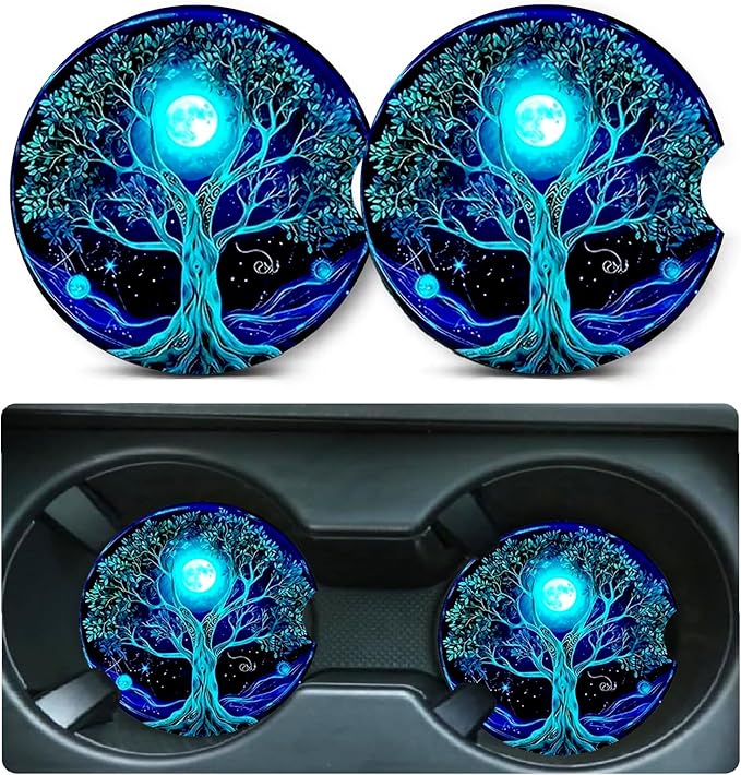 Car Coasters for Cup Holders,2 Pack Tree of Life Car Cup Holder Coasters,2.75" Universal Size Anti Slip Rubber Mat,Automotive Cup Holder Decal Decor Accessories,Good Luck Gifts for Women,Men