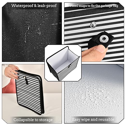 White Black Stripes Car Trash Can Foldable Hanging Waterproof Medium Automotive Garbage Cans Trash Bin Storage Bag Car Dustbin Organizer Accessories Large 11x11x5.9