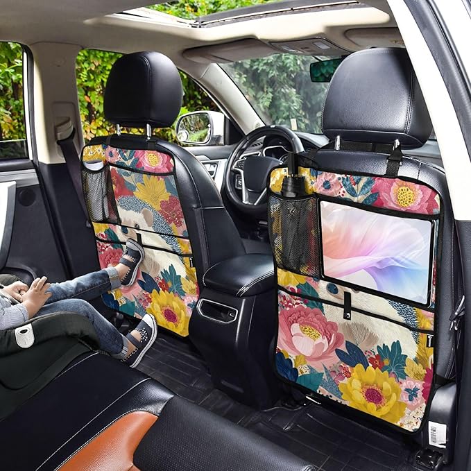 1 Pack Back Seat Car Organizer with Storage Pockets Kick Mats Back Seat Protector Hanging Car Organizer Automotive Seat Back Cover Organizers Garden Flowers Hedgehogs Colorful