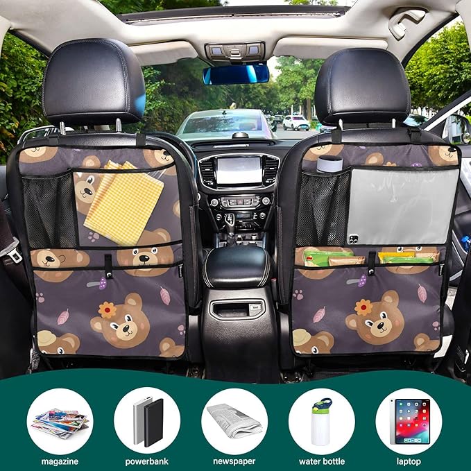 1 Pack Backseat Car Organizer with Storage Pockets Seat Back Organizers for Kids Kick Mats Backseat Protector Automotive Cute Bear Brown