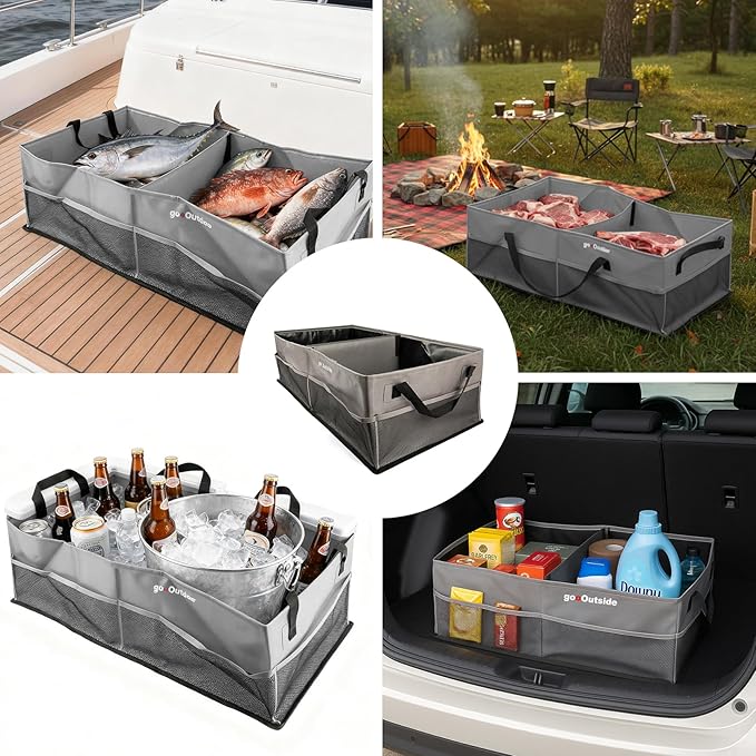 Collapsible Waterproof Car Trunk Organizer, Soft PVC Storage Bin with Rugged PVC-Coated Fabric for SUV & Truck (Stone Gray REG)