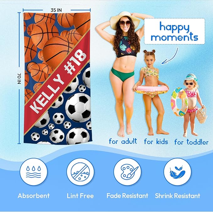 Personalized Beach Towel With Name, Custom Beach Towel with Text, Customized Basketball Football Microfiber Pool Towel, Quick Dry & Absorbent Swim Towel for Adult,Anniversary, Birthday, Summer Holiday