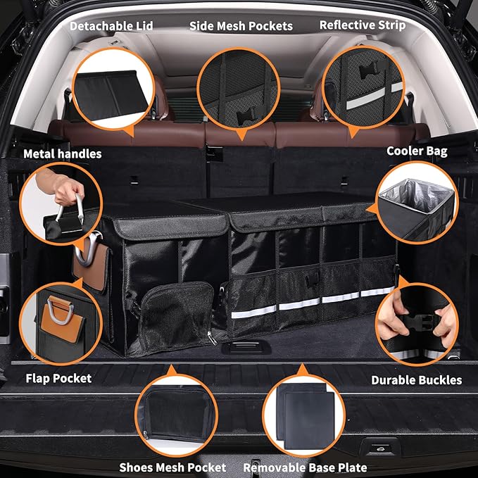 HAMOPY Car Trunk Organizer and Storage with Separate Compartment for 1 Pair of Shoes, Heavy Duty with Lid & Removable Leakproof Cooler Bag, Collapsible Large Trunk Organizers for SUV Sendan (Black)