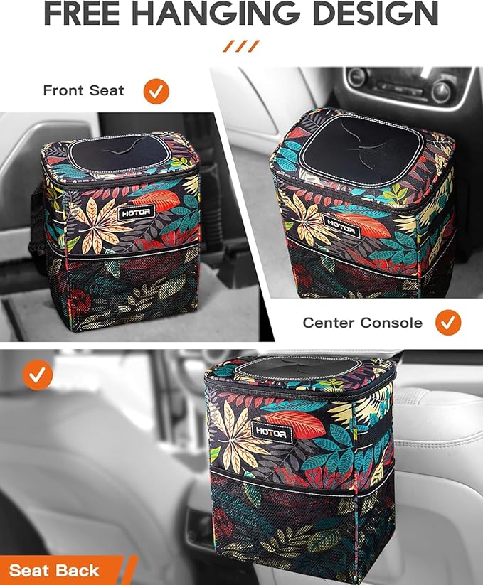 HOTOR Car Trash Can with Lid and Storage Pockets - 100% Leak-Proof Organizer, Waterproof Garbage Can, Multipurpose Trash Bin for Car, 2 Gallons, Autumn Leaves