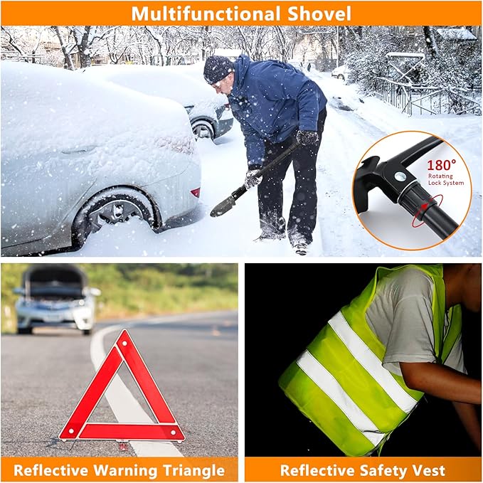 Car Emergency Kit with Portable Air Compressor - Roadside Assistance Emergency Kit with Jumper Cables, First Aid Kit, Auto Tool Set, Winter Safety Kit for Women, Men, Teen (Orange)