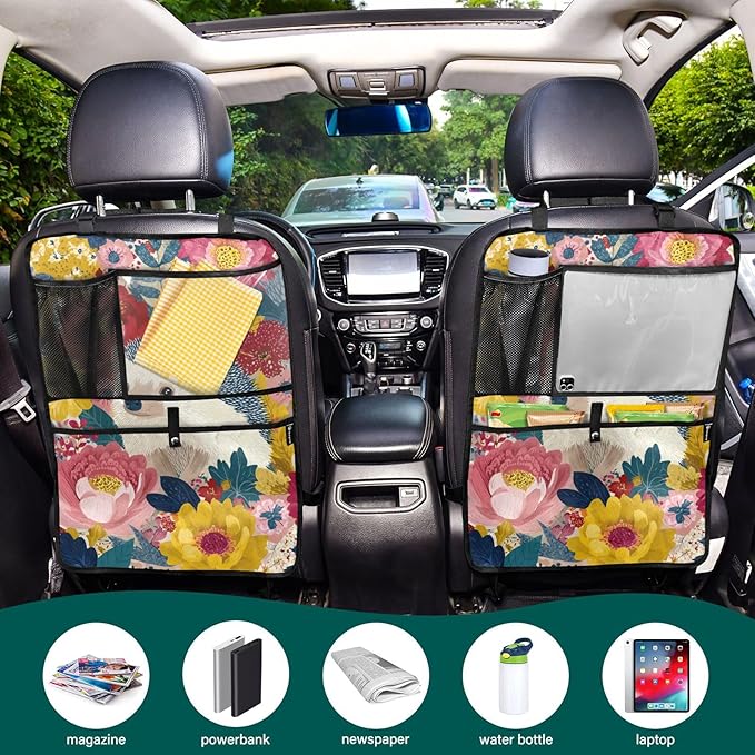 1 Pack Back Seat Car Organizer with Storage Pockets Kick Mats Back Seat Protector Hanging Car Organizer Automotive Seat Back Cover Organizers Garden Flowers Hedgehogs Colorful