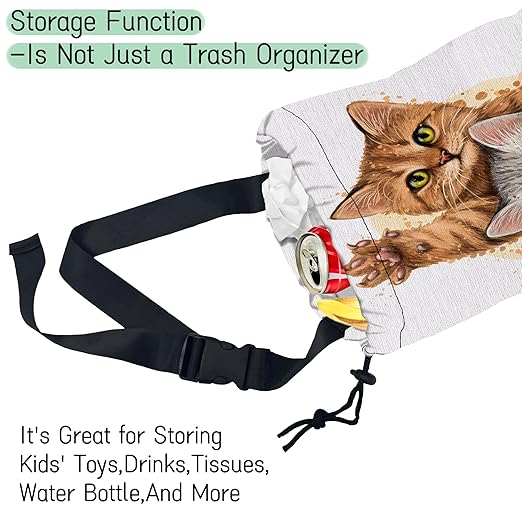Cute Cats Car Trash Bag,Kittens Hanging Drawstring Car Garbage Bag,Waterproof Canvas Car Back Seat Organizer with Adjustable Buckle,for Vehicles,SUVs,Camping,Road Trips