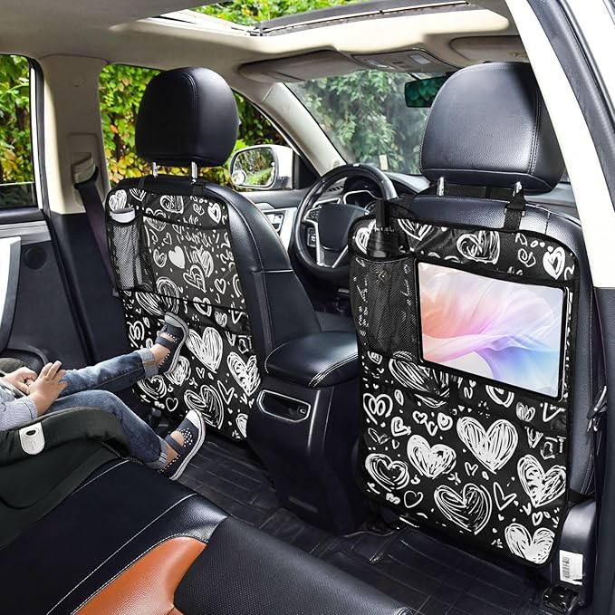 White Dodle Hearts 1 Pack Backseat Car Organizer with Storage Pockets Seat Back Organizers for Kids Kick Mats Backseat Protector Automotive