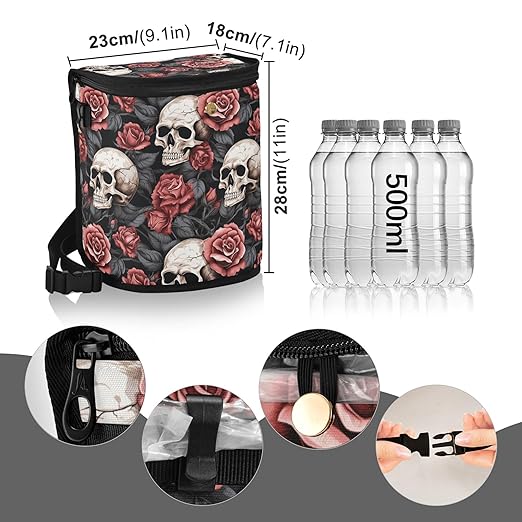 MNSRUU Car Trash Can with Lid, Gothic Skull and Flower Car Trash Bag Hanging Organizers and Storage for Front Back Seat, Leak-Proof Trash Bin