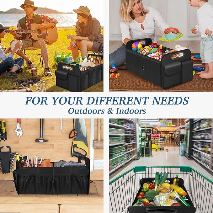 Trunk Organizer, Collapsible Waterproof car Trunk Organizer for SUVs & Sedans, Car Storage Organizers with Reinforced Handles, Car Accessories for Women and Men, 2 Compartments, 52L, Black