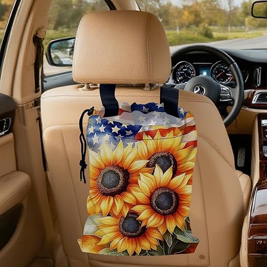 Sunflowers on American Flag Car Garbage Bag, Small Car Trash Bag Hanging Back of Seat,Drawstring Car Trash Bag with Adjustable Buckle,Car Accessories for Camping Travelling