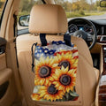Sunflowers on American Flag Car Garbage Bag, Small Car Trash Bag Hanging Back of Seat,Drawstring Car Trash Bag with Adjustable Buckle,Car Accessories for Camping Travelling