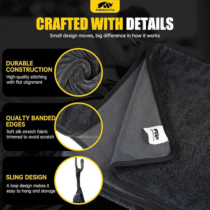 MIKKUPPA Microfiber Towels for Cars - 3-Pack Extra Large Car Drying Towel with Twisting Yarn Technique, Ultra Absorbent Scratch-Free Twisted-Loop Car Wash Towels with Interior Detailing Brush