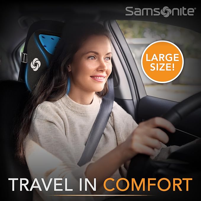 Samsonite Ergonomic Neck Pillow – Large Car Neck Pillow for Driving, Gel Memory Foam Cushion for Travel, Cooling Car Support Headrest for Road Trips, Fits Cars, SUV's, Trucks, and Desk Chairs, Black
