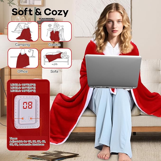 Wearable Heated Blanket with 20000mAh Power Bank, 11 Heating Zones, 3 Heat Levels, Timer, USB Powered, Machine Washable, for Camping, Office, Travel, Home Use (Christmas Red)