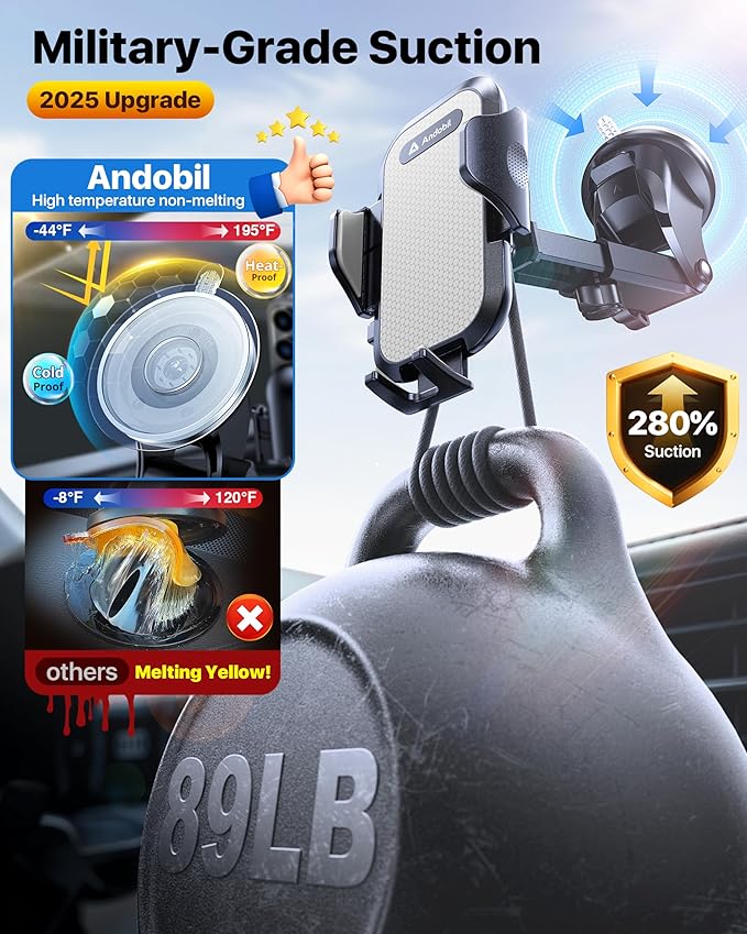 andobil Car Phone Holder Mount (Strong Suction&Bumpy Road Stable) Phone Holders for Your Car, Cell Phone Car Mount for Windshield Dash Vent Truck Cradle Stand for iPhone 17 16 15 14 Pro Max Grey