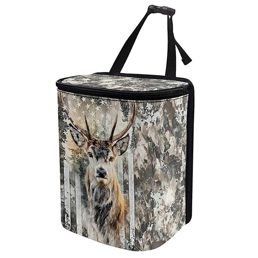 Camo Deer Car Trash Can with Lid USA Flag Car Garage Bag Automotive Garbage Can Reusable Auto Accessories Interior Organizer with Adjustable Straps