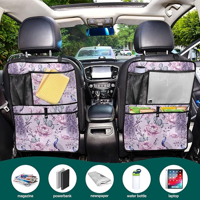 Purple Peacock and Cactus 01 2 Pack Backseat Car Organizer with Storage Pockets Seat Back Organizers for Kids Kick Mats Backseat Protector Automotive