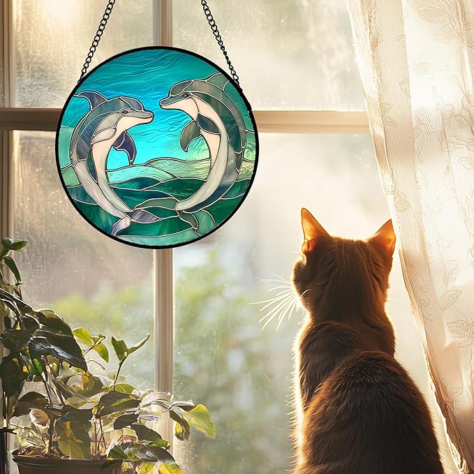 Stained Glass Window Hanging 4 Pcs Set Cyan Ocean Life Theme Large 11.8" - Sea Starfish Suncatcher Door Garden Sun Catcher Decor Birthday for Mom Woman Nana Men Friend