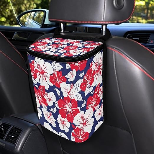 Hibiscus Flower Car Garbage Bag with Lid Auto Dustbin Organizer Container for Floor Seat Back Hanging Vehicle Trash Can Accessories Interior Auto Decor