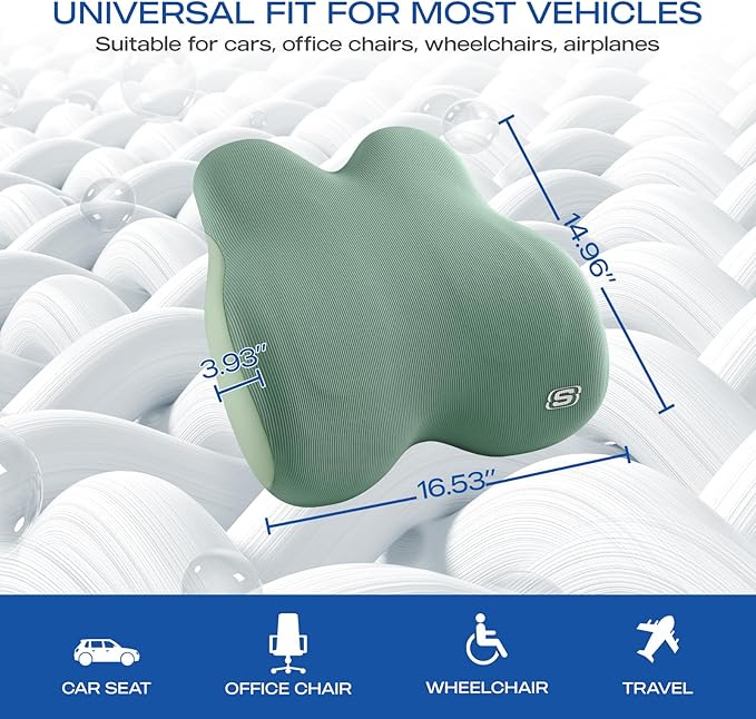 Skechers Women’s Lumbar Pillow, Memory Foam Lumbar Support Pillow for Office,Chair Lower Back Pain Relief Lumbar Pillow,Ergonomic Design Back Support Pillow for Office Chair,Car,Home,Travel,Green