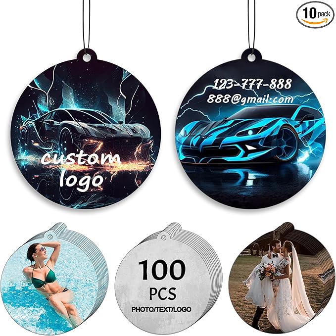 10/50/100Pcs Custom Logo Car Air Fresheners Bulk, Wholesale Personalized Double-Sided Car Air Fresheners with Photo/Text/Business Logo, Suitable for Truck and Car Drivers (100-Round)