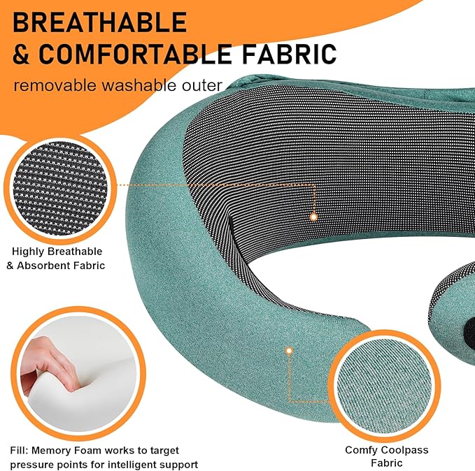 Travel Pillow - Hooded Neck Pillow Airplane Memory Foam Filling for Plane, Office, Cars Sleeping, Road Trip, Long Flights, Portable Plane Accessories, Includes Eye Mask & Earplugs (Green)