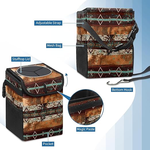 Teal Western Cow Print Car Trash Can with Lid Collapsible Reusable Waterproof Car Garage Bag,Automotive Garbage Can,Car Accessories Interior Car Organizer