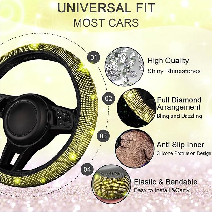 NBTEPEM 30 Pcs Yellow Bling Car Accessories Set for Women, Steering Wheel Cover Set, Bling Console Cover, Seat Belt Cushion, Shift Knob Cushion, Cup Holder Coaster, Rhinestone Car Hanging Accessories