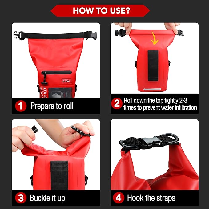 250 PCS Waterproof First Aid Kit, Roll Top Reflective Boat Dry Bag Bug Out Bags, Emergency Medical Kit Ideal for Boating, Camping, Fishing, Kayaking, Floating, Red