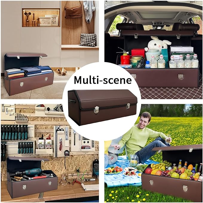Trunk Organizer for Car With Lid,Foldable Trunk Organizer for SUVs & Sedans,Multi-Functional Leather Storage Box- Brown - Large