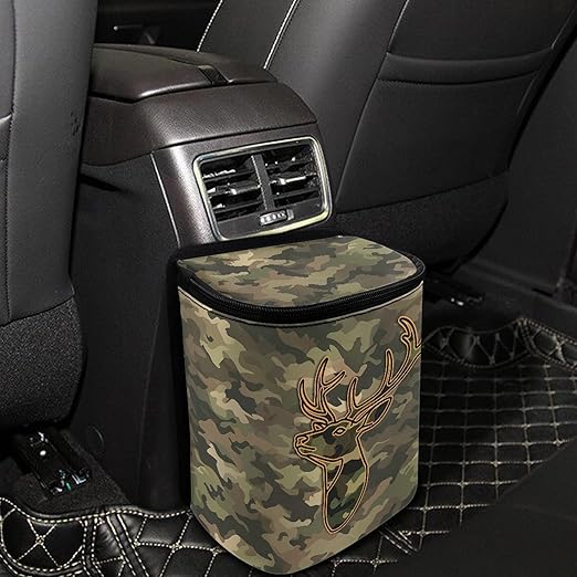 Camo Deer Car Trash Can with Lid and Zipper Green Foldable Trash Bin for Car Interior Accessories Multipurpose Garbage Can Bags Storage Organizer