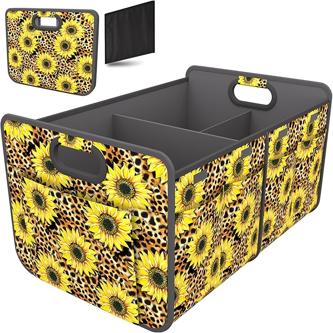 Homeve Trunk Organizer, Car Storage, Reinforced Handles, Collapsible Multi-Compartment Car Organizers, Foldable, Waterproof, 600D Oxford Polyester (Sunflower Leopard Print, 2 Compart)