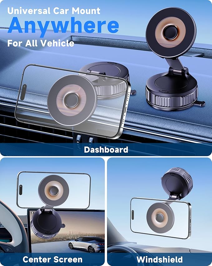 LOMONICA 2026 Upgraded Car Phone Holder for Magsafe [120+LBS Strongest Suction & 2800gf Magnetic] 360° Adjustable Car Phone Mount, Phone Holders for Your Car for iPhone 12-17 Pro Max Series & Samsung
