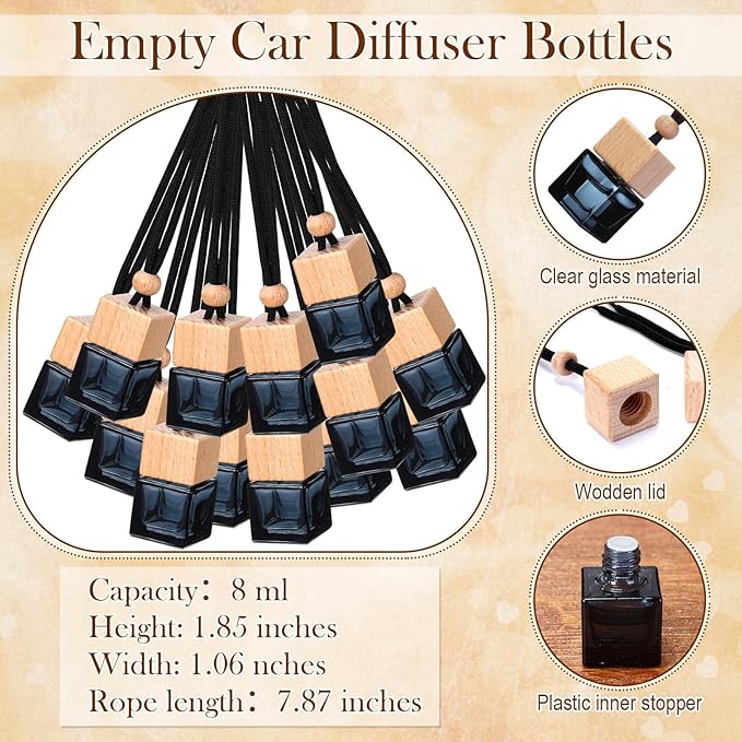 100 Sets Car Diffuser Bottles Empty Bulk Hanging Car Air Freshener Diffuser Bottles Bulk Glass Perfume Holder with Instruction Cards for Essential Oil Fragrance Pendant(Square,Black)