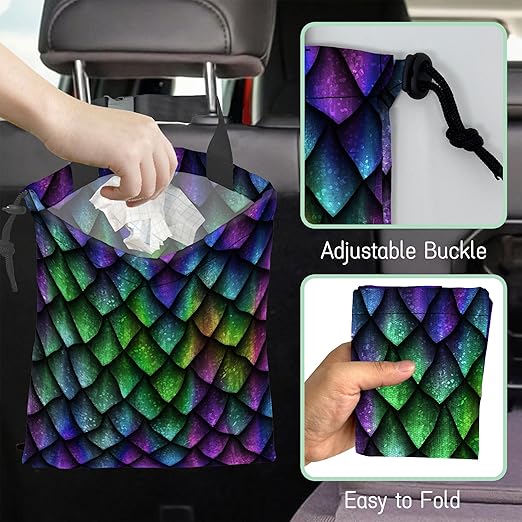 Dragon Scales Car Trash Bag,Hanging Drawstring Car Garbage Bag,Waterproof Canvas Car Back Seat Organizer with Adjustable Buckle,for Vehicles,SUVs,Camping,Road Trips
