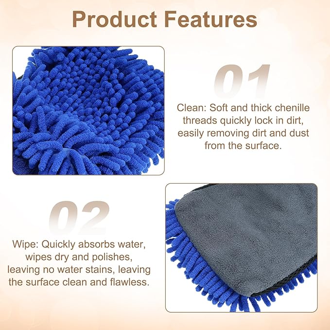 HARFINGTON 2pcs Chenille Microfiber Car Wash Mitts 9.8" x 7.9" Scratch Free Wash Gloves Absorbent Double Sided Plush Cleaning Drying Mitts for Car Washing Home Clean, Blue