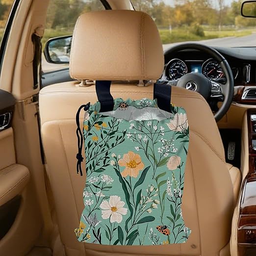 Vintage Botanical Floral Car Trash Bag,Peony Flowers Hanging Drawstring Car Garbage Bag,Canvas Car Back Seat Organizer with Adjustable Buckle for Men and Women