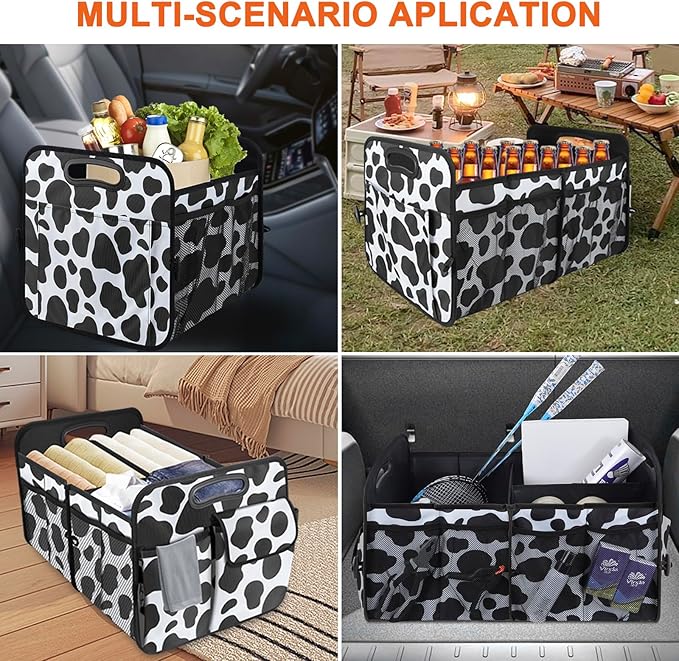 Trunk Organizer for Car, 72L Collapsible Waterproof Car Organizers and Storage, Car Accessories for Women and Men, Multi-Compartment Storage Organizer for SUV, Cow Print