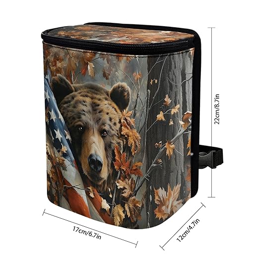 Camo Bear Car Trash Can Leak-Proof Car Trash Bin American Flag Collapsible Portable Auto Garbage Bag Large Capacity Trashcan Storage Bag Organizer